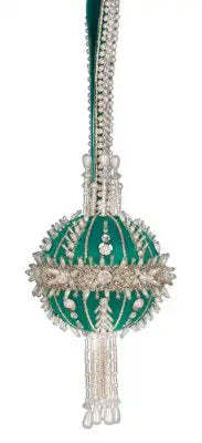 Emerald green and silver beaded Christmas ornament with tassel from Cracker Box White Christmas kit