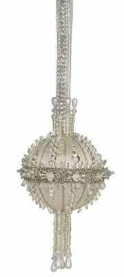 Ornate white and silver beaded Christmas ornament with tassels from Cracker Box Christmas ornament kit
