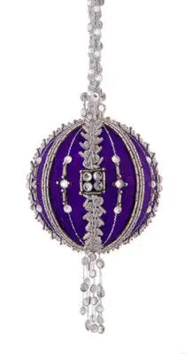 Elegant ornate purple and silver Christmas ornament with dangling crystals from Cracker Box