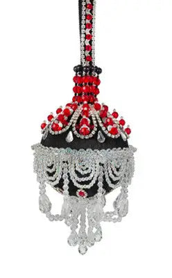 Ornate black Christmas ornament with red and clear beads for White Christmas decor from Cracker Box
