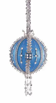 Ornate blue and silver Christmas ornament with dangling crystals from The Cracker Box Inc White Christmas collection