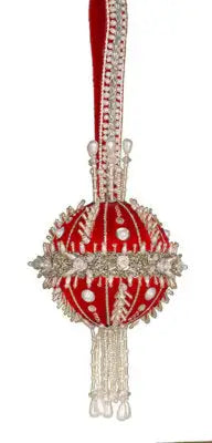 Red velvet Christmas ornament with silver and white embellishments and beaded fringe for white Christmas decor