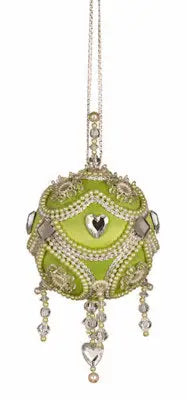Decorative lime green Christmas ornament with pearls, rhinestones, and crystal embellishments from Cracker Box