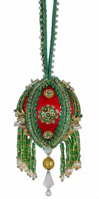 Red and green cracker box Christmas ornament with gold and crystal finial, perfect for holiday decor