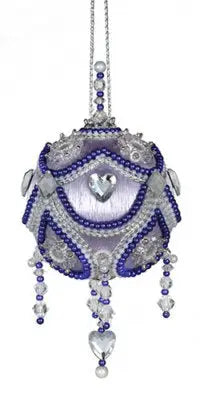 Purple and silver beaded Christmas ornament with heart-shaped jewel from Cracker Box kit