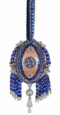 Beaded blue and peach Christmas ornament with handle and crystal accents from Cracker Box