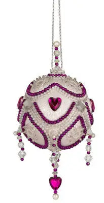White and magenta beaded Christmas ornament with heart accents from Cracker Box First Luv kit