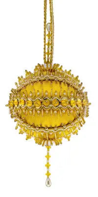 Ornate yellow and gold beaded Christmas ornament with teardrop dangle from Cracker Box Golden Dreams