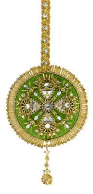 Green and gold jeweled Christmas ornament with tassel from Cracker Box Golden Dreams kit