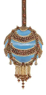 Sky-blue Christmas ornament with golden accents and fringes from The Cracker Box Golden Oldie kit