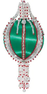 Green satin Christmas ornament with clear and red beads from Cracker Box Golden Oldie kit