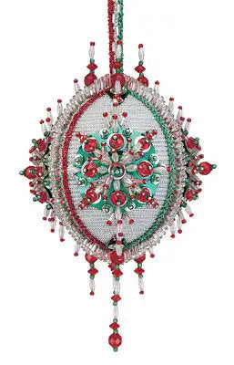 Red green and silver beaded Christmas ornament from The Cracker Box Golden Oldie kit