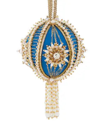 Ornate blue beaded Christmas ornament with tassel from Cracker Box Golden Oldie collection