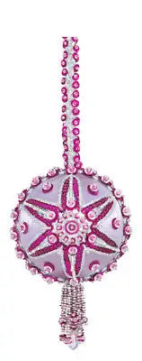 Ornate golden oldie christmas ornament with pink silver beads and beaded tassel