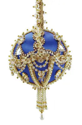 Ornate blue and gold beaded Christmas ornament with tassel from Cracker Box Golden Oldie kit