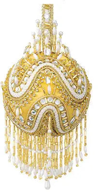 Ornate gold and white beaded Christmas ornament with fringe from Cracker Box Golden Oldie