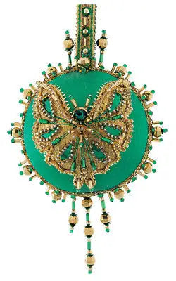Elaborate green and gold beaded butterfly ornament from Cracker Box Christmas Ornament Kit Golden Oldie
