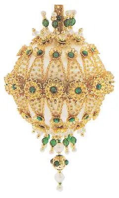 Golden Oldie Christmas Ornament by Cracker Box featuring gold, pearls, and green gems