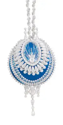 Blue and white ornate hanging Christmas ornament from Cracker Box Golden Oldie kit