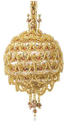 Golden Oldie Christmas ornament from Cracker Box with gold beads and dangling pearl