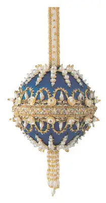 Ornate blue and gold cracker box Christmas ornament with pearl accents and tassel