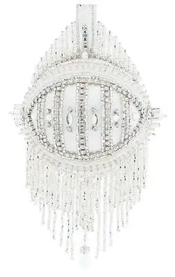 Elaborate white beaded clutch with fringe from Cracker Box Christmas Ornament Golden Oldie