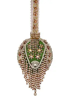 Elaborately beaded green and white teardrop-shaped clutch with wrist strap for Cracker Box Christmas Ornament Ice Dancer