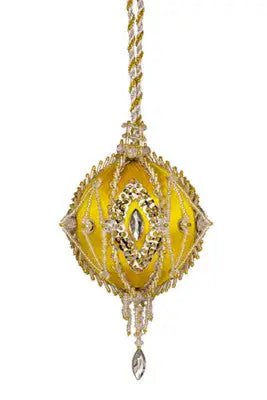 Ornate yellow diamond-shaped Christmas ornament with beads and crystal from Cracker Box Ice Dancer kit