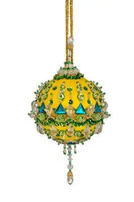 Vibrant yellow Christmas ornament with beads, green and blue accents from Cracker Box in French Blue