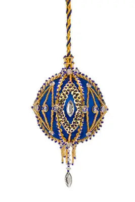 Ornate blue and gold beaded Christmas ornament with teardrop crystal from Cracker Box in French Blue