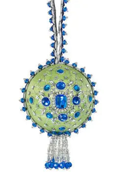 Elaborate green and blue jeweled Joan Brooch Christmas Ornament with tassel from Cracker Box