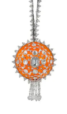 Ornate orange Christmas ornament with silver embellishments and beaded tassel, Joan Brooch from The Cracker Box Inc