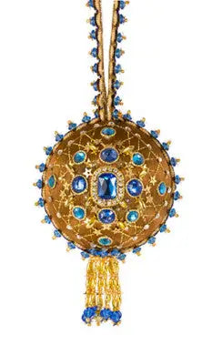 Ornate gold and blue beaded Joan Brooch Christmas ornament from Cracker Box Kit