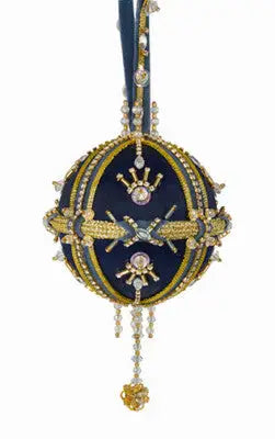 Ornate dark blue gold jeweled Christmas ornament from The Cracker Box Inc Joan Brooch kit