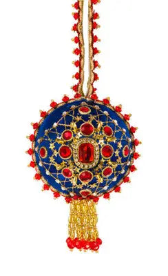 Ornate blue and gold beaded Joan Brooch Christmas Ornament from Cracker Box Kit