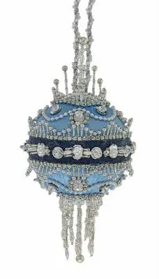 Ornate light blue and dark blue Christmas ornament with jewels and silver fringe from Cracker Box Leading Lady kit