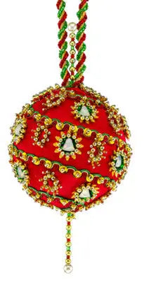 Ornate red gold green beaded Christmas ornament from The Cracker Box Christmas ornament kit