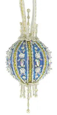 Intricately beaded blue and gold Christmas ornament from Cracker Box Christmas Ornament Kit
