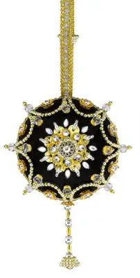 Black and gold jeweled Christmas ornament with starburst design from The Cracker Box kit