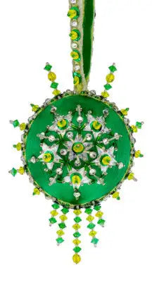 Green and silver Christmas ornament from Cracker Box Christmas Ornament Kit with bead embellishments