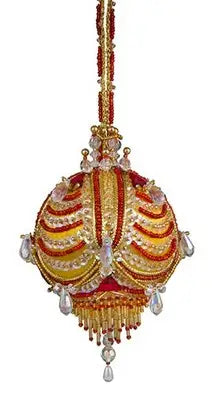 Ornament kit featuring a gold and red beaded Christmas ornament with crystal accents