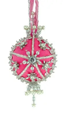Pink and silver beaded Christmas ornament with tassel from The Cracker Box Party Frock kit