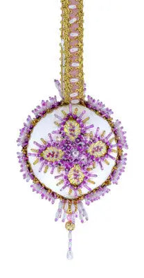 Decorative white, purple, and gold beaded ornament from The Cracker Box Christmas ornament kit Pink Parfait