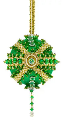Ornate green and gold beaded Christmas ornament from Cracker Box Christmas Ornament Kit Queen of the Nile on Emerald