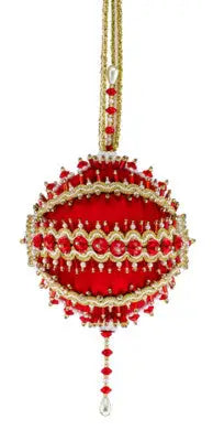 Red and gold ornate beaded Christmas ornament from Cracker Box Christmas Ornament Kit