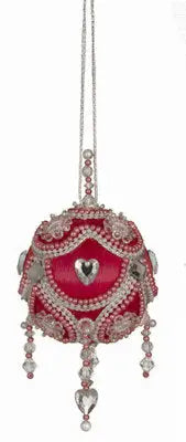 Ornate red and silver beaded ornament with dangling clear heart crystals from Cracker Box Baby Boobie kit