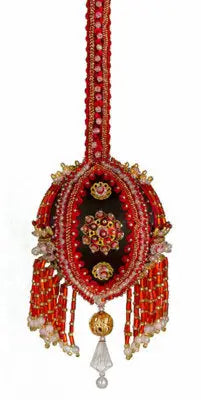 Ornate red and gold beaded tassel with crystal drop from Cracker Box Christmas Ornament Kit