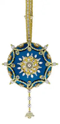Teal and gold beaded Christmas ornament with crystal embellishments from Cracker Box Christmas Ornament Kit