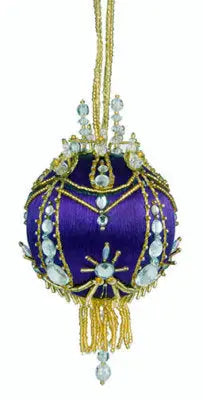 Ornate purple and gold beaded Christmas ornament from Cracker Box holiday festival kit