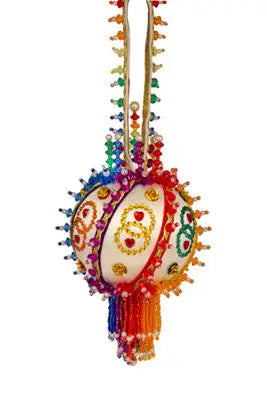 Colorful beaded Christmas ornament with tassel for holiday festival decor from Cracker Box
